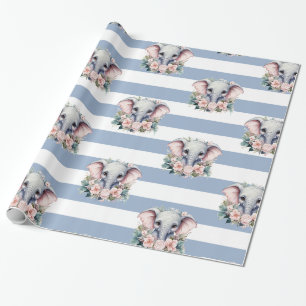 Cadeau Papier d'emballage éléphant bleu et blanc rayé