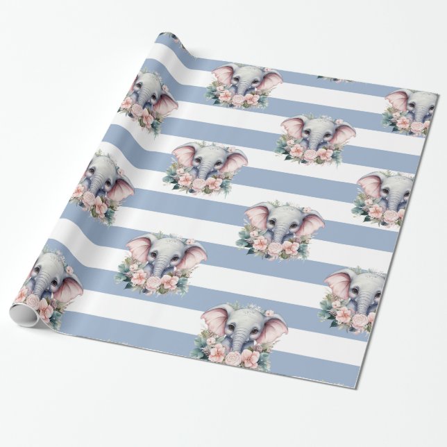 Cadeau Papier d'emballage éléphant bleu et blanc rayé (Déroulé)
