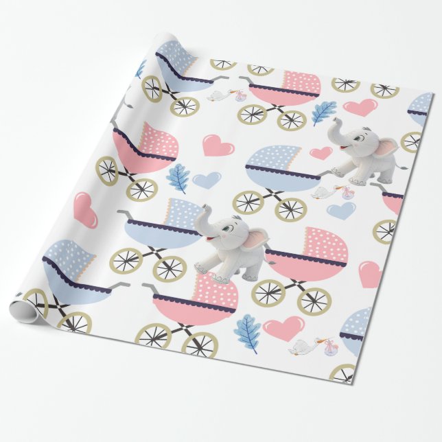 Cadeau Papier d'emballage éléphant poussette bébé rose &  (Déroulé)