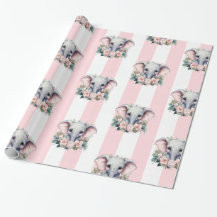 Cadeau Papier d'emballage éléphant rayé rose et blanc