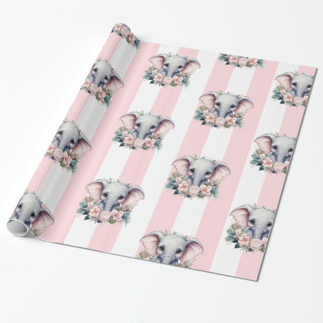 Cadeau Papier d'emballage éléphant rayé rose et blanc  (Déroulé)