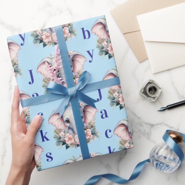 Cadeau Papier d'emballage éléphant rayé rose et blanc  (Cadeaux)