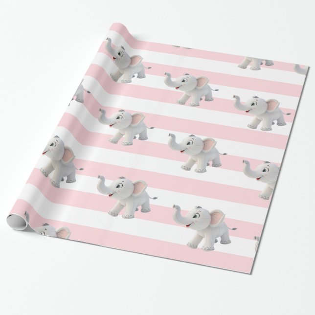 Cadeau Papier d'emballage éléphant rayé rose et blanc  (Déroulé)