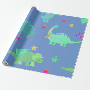 CADEAU PAPIER D'EMBALLAGE ENFANT DINOSAURES DRÔLES BLEU