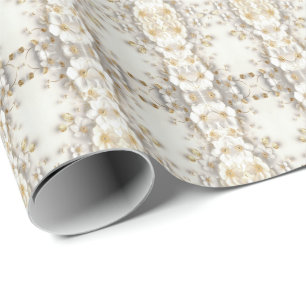 Cadeau Papier d'emballage feuilles dorées florales blanc