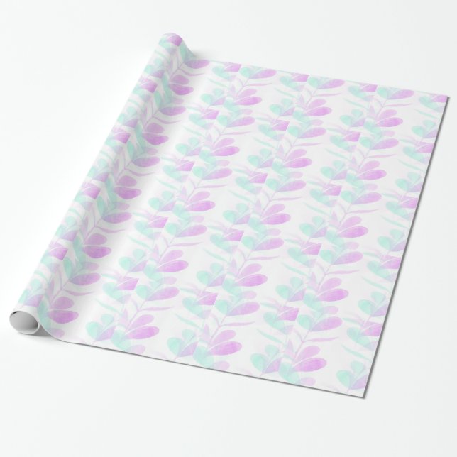 Cadeau Papier d'emballage feuilles fuchsia et turquoise (Déroulé)
