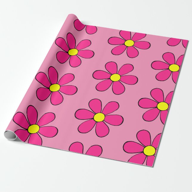 Cadeau Papier d'emballage Fleur de marguerite rose rétro (Déroulé)