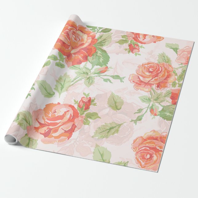 Cadeau Papier d'emballage fleur de rose florale orange (Déroulé)