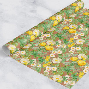 Cadeau Papier d'emballage Fleur de Rose Jaune Vintage sur
