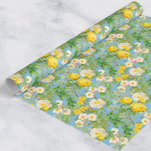 Cadeau Papier d'emballage Fleur de Rose Jaune Vintage sur