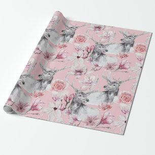 Cadeau Papier d'emballage fleuri gris-rose cerf