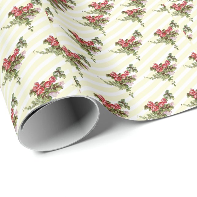 Cadeau Papier d'emballage Fleurs de printemps sur rayures (Coin rond)