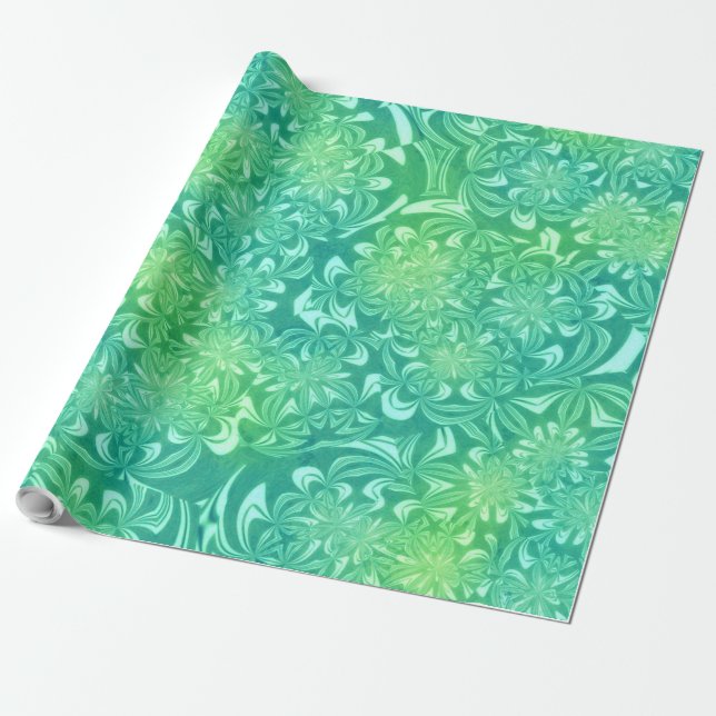Cadeau papier d'emballage fleurs en batik vert (Déroulé)