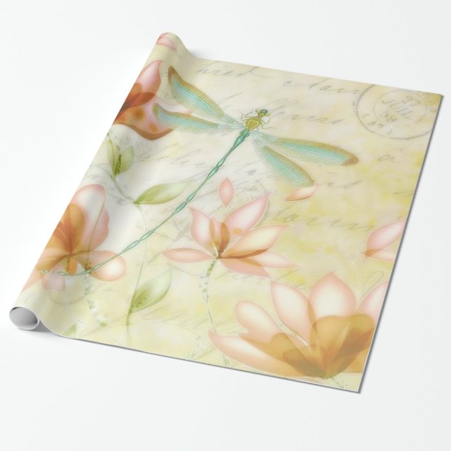Cadeau Papier d'emballage fleurs et libellule (Déroulé)