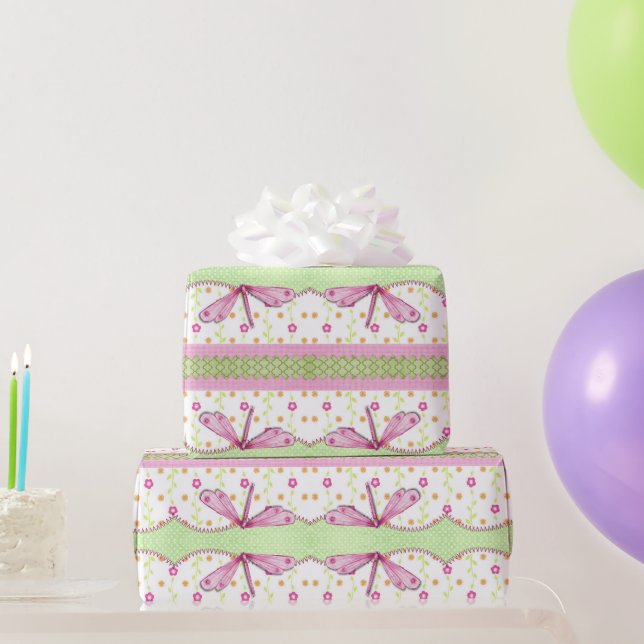 Cadeau Papier d'emballage Fleurs et libellules roses (Cadeaux de fête)