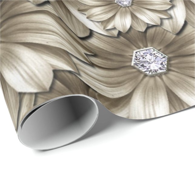 Cadeau Papier d'emballage Fleurs Or Diamant Pierre précie (Coin rond)