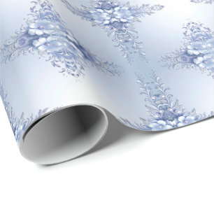 Cadeau Papier d'emballage Fleurs Ornées Bleues avec Perle