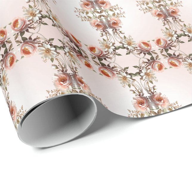 Cadeau Papier d'emballage Fleurs roses et blanches décora (Coin rond)