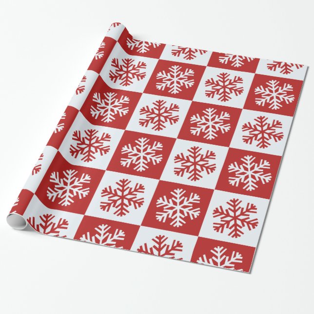 Cadeau Papier d'emballage flocon de neige damier rouge bl (Déroulé)