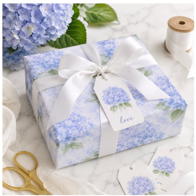 Cadeau Papier d'emballage floral à l'hydrangea bleu (Elegant blue hydrangea gift wrap for thoughtful gifting, boutique presents, and beautiful occasions.)