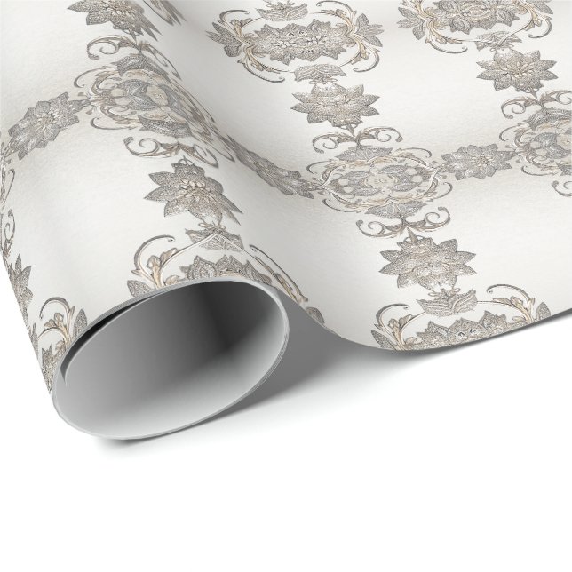 Cadeau Papier d'emballage floral argent or (Coin rond)