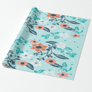 Cadeau Papier d'emballage floral bleu orange