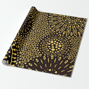 Cadeau Papier d'emballage floral ethnique noir or élégant