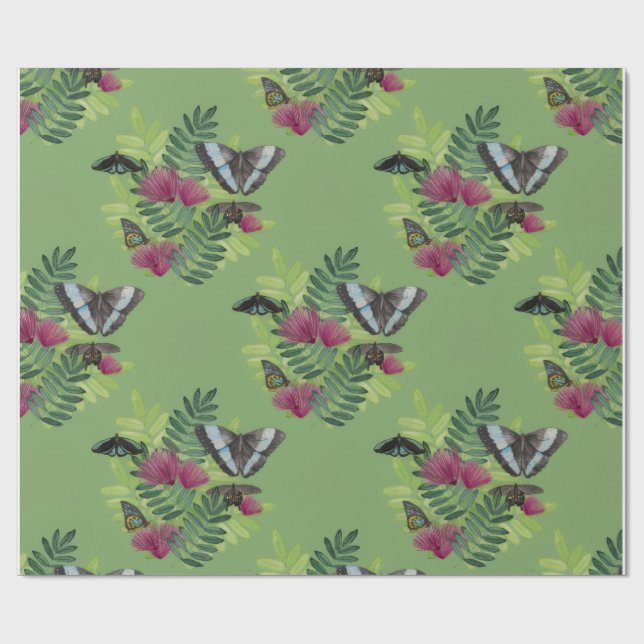 Cadeau Papier d'emballage floral papillon aquarelle verte (Plat)