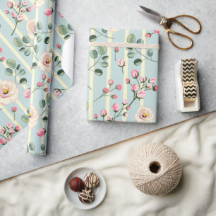 Cadeau Papier d'emballage floral rayé bleu clair