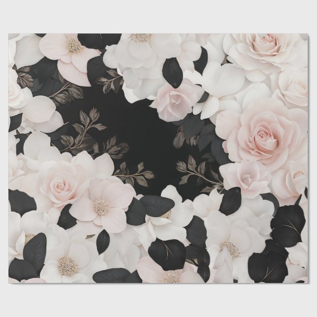 Cadeau Papier d'emballage floral rose et noir (Plat)