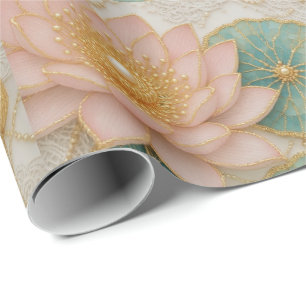Cadeau Papier d'emballage floral rose et vert Opulence