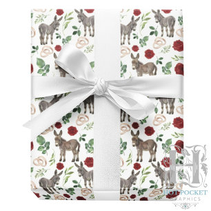 Cadeau Papier d'emballage floral rouge de l'âne rustique