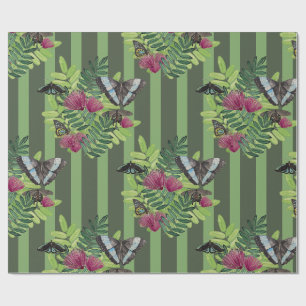 Cadeau Papier d'emballage floral tropical papillon rayé