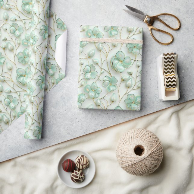 Cadeau Papier d'emballage floral Vert Or (Artisanat)