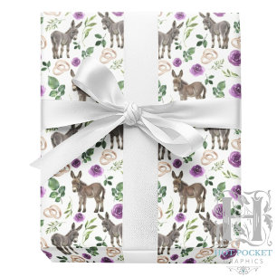 Cadeau Papier d'emballage floral violet Âne rustique