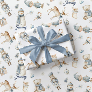 Cadeau Papier d'emballage garçon Noël Casse-Noisette Bleu