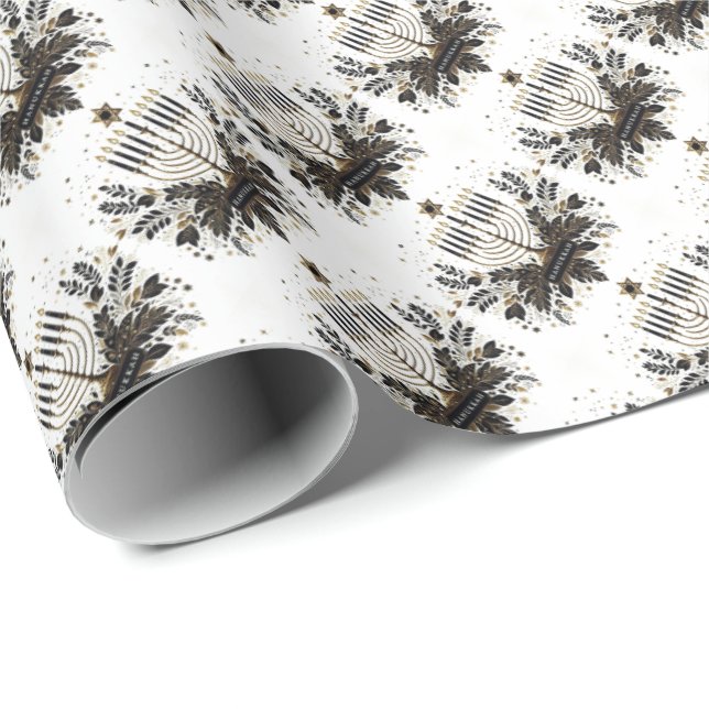 Cadeau Papier d'emballage Hanoukka avec Menorah (Coin rond)