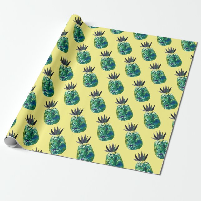 Cadeau Papier d'emballage jaune à ananas tropical (Déroulé)
