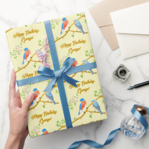 Cadeau Papier d'emballage jaune mésanges bleues