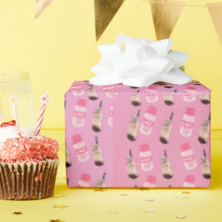 Cadeau Papier d'emballage Kawaii boba thé et fraise lait
