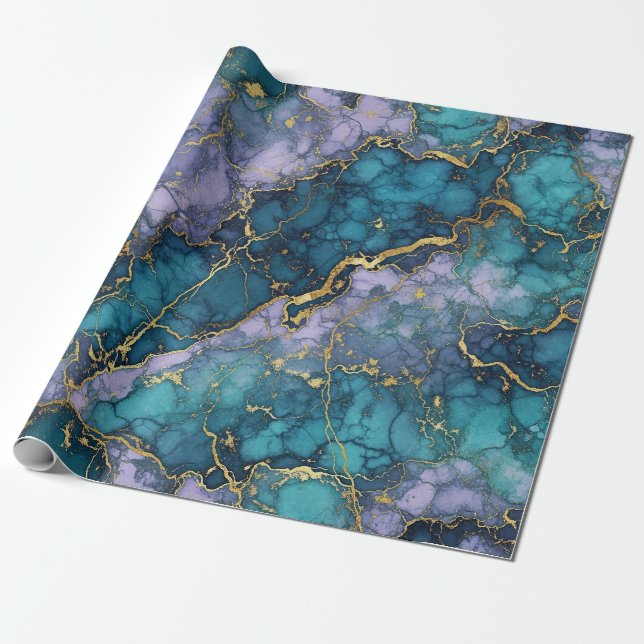 Cadeau Papier d'emballage Marbre Violet et Turquoise (Déroulé)