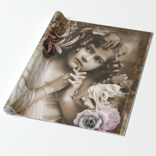 Cadeau Papier d'emballage mat vintage de petite fille,