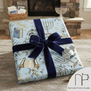 Cadeau Papier d'emballage Menorah de Hanukkah dessiné à l