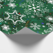Papier d'emballage motif de flocon de Noël vert