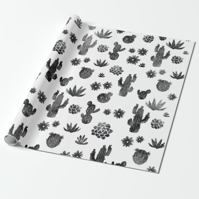 Cadeau Papier d'emballage noir et blanc de cactus (Déroulé)