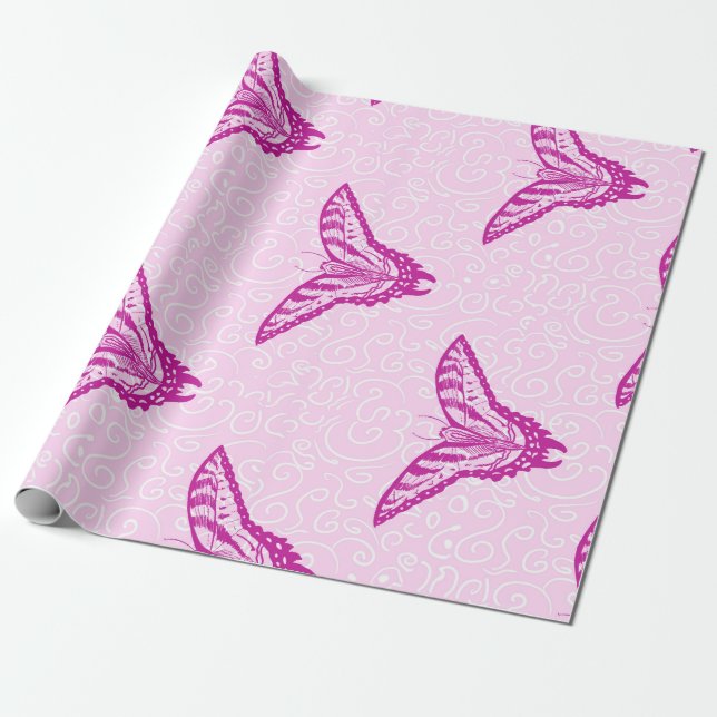 Cadeau Papier d'emballage papillon à queue épaisse rose. (Déroulé)