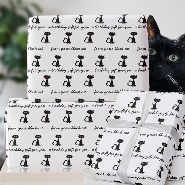 Cadeau Papier d'emballage personnalisé noir et blanc pour (Purrfect wrapping paper for your black cat. Just add your birthday greeting)