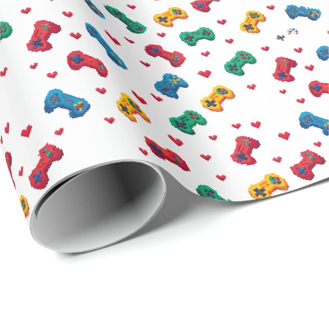 Cadeau Papier d'emballage Pixel Hearts & Controllers - Jo (Coin rond)