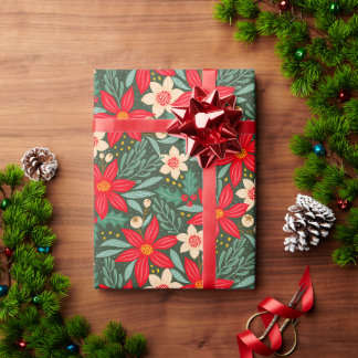 Cadeau Papier d'emballage pour Noël avec poinsettia rouge