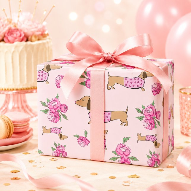 Cadeau Papier d'emballage pour teckel Fleurs roses (Dachshund Wrapping Paper Pink Floral Gift Wrap)
